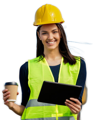 Microsoft Project learning for construction — female construction professional using tablet for construction scheduling and training.