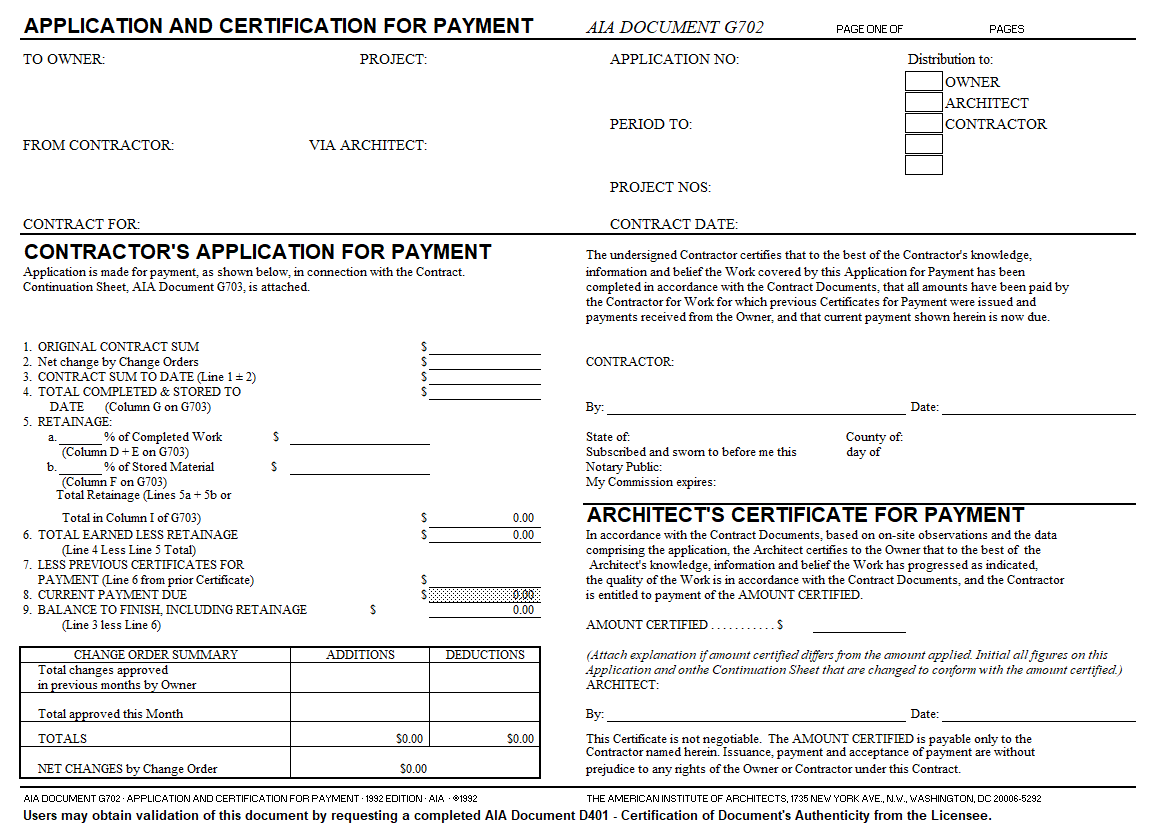 Construction Billing Form AIA G702