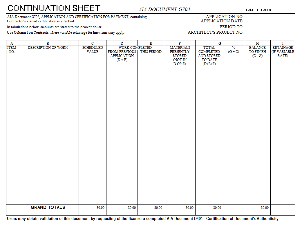 Construction Billing Form AIA G703