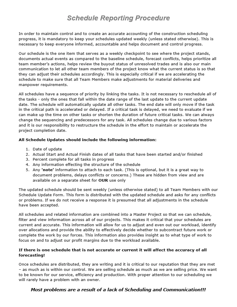 Construction Schedule Reporting Procedure